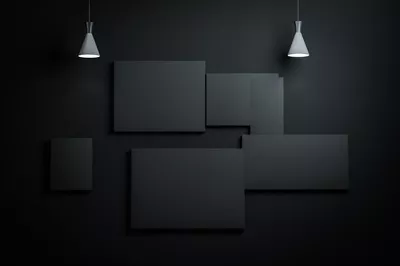رندر سهبعدی دیوار نمایشگاه با نورپردازی بالا و باکیفیت