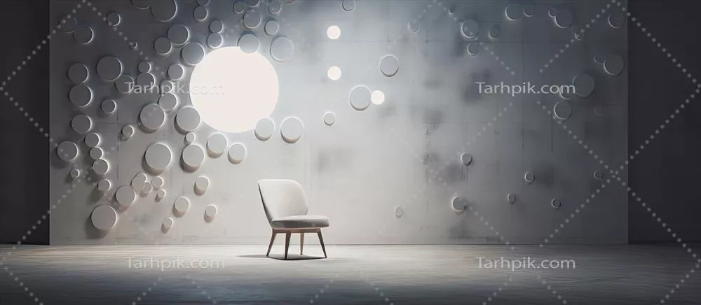 صندلی سفید مدرن در برابر دیوار با دایره‌های روی دیوار