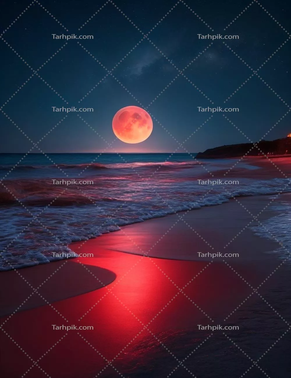 ساحلی مرموز در شب با مهتاب قرمز و دریای تاریک در افق