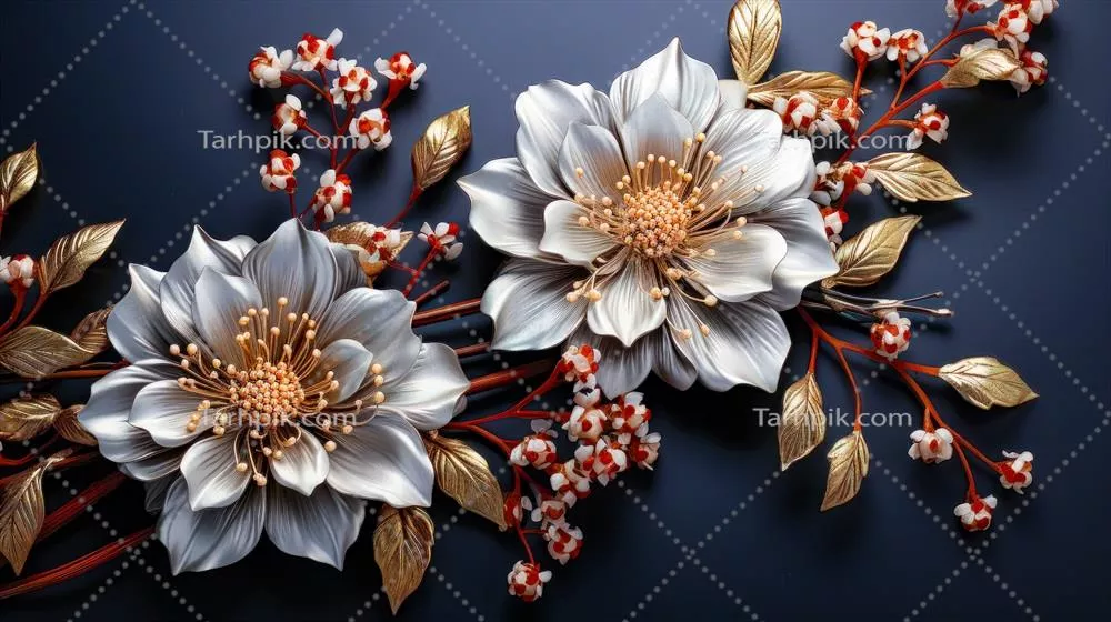 چیدمان گل زیبا و لوکس با عناصر طلایی و نقرهای - هنر گل آرایی کلاسیک و شیک تولید شده با هوش مصنوعی