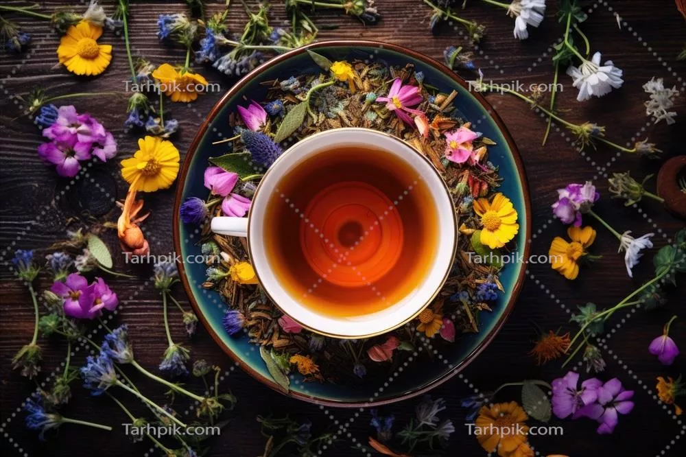 نمای بالا از فنجان چای با گیاهان و گلهای طبیعی