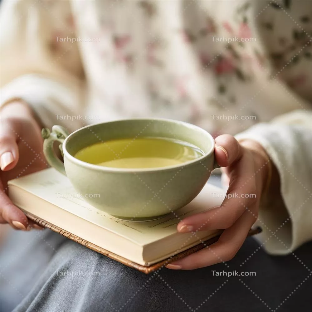 صحنهای آرام با دستهایی که فنجان چای سبز را نگه داشتهاند و کتابی دربارهی ذهنآگاهی در نزدیکی آن قرار دارد