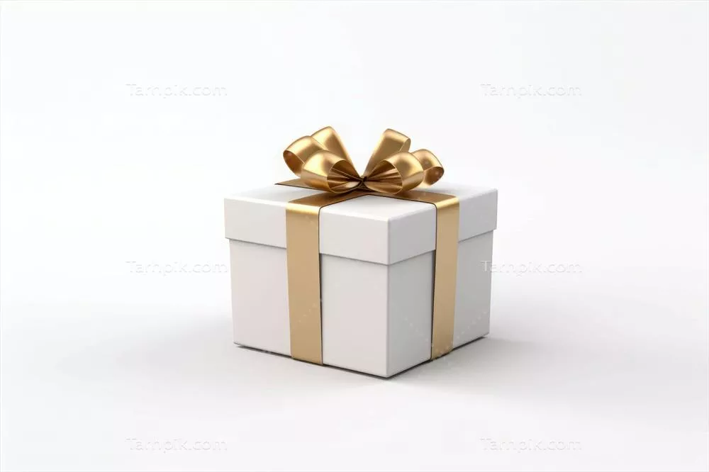 نمونه جعبه هدیه سفید با روبان طلایی طراحی شده با هوش مصنوعی