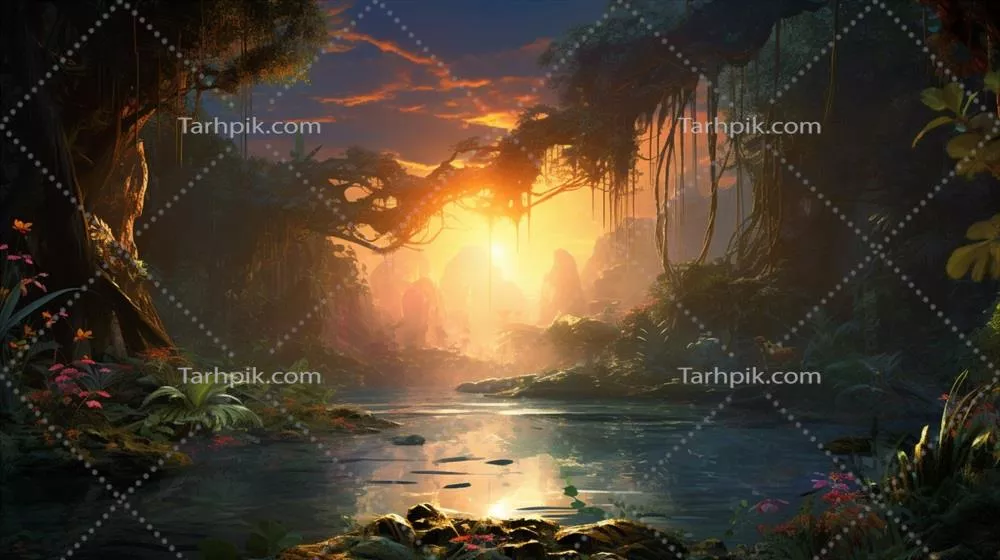 چشمانداز غروب زیبای انیمهای با فضایی دراماتیک و تخیلی