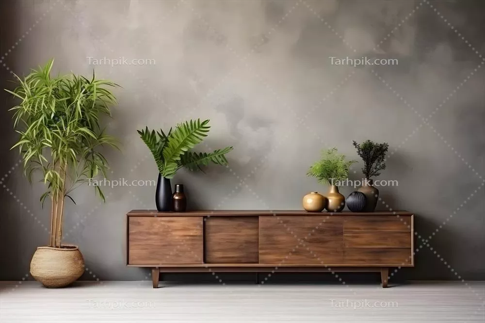 طراحی مدرن و شیک اتاق نشیمن با کمد چوبی و امکانات هوش مصنوعی