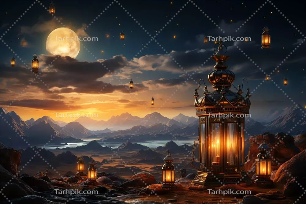 پیام‌های عید مبارک و رمضان کریم با چراغ اسلامی و背景 مسجد مخصوص عید فطر
