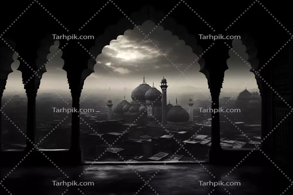 مسجد در مه صبحگاهی: یک تصویر هنری از زیبایی معماری اسلامی