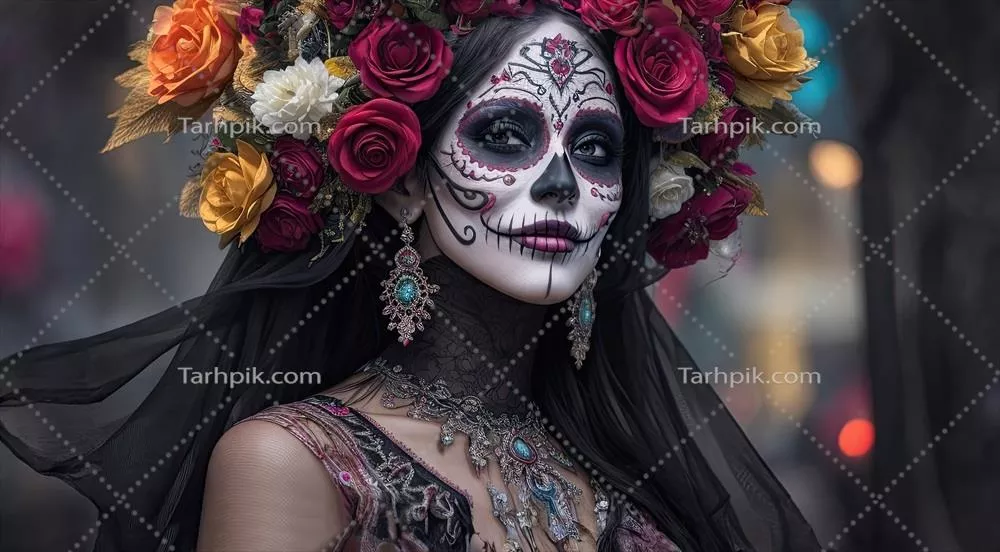 زن زیبا با چهره‌ای رنگ‌آمیزی شده به شکل اسکلت برای روز مردگان مکزیک