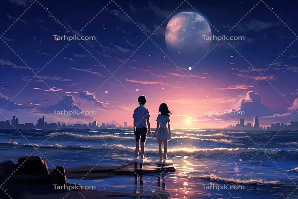 تصویر انیمهای محبتآمیز از یک زوج بر روی ساحل در شب که به دریا نگاه میکنند