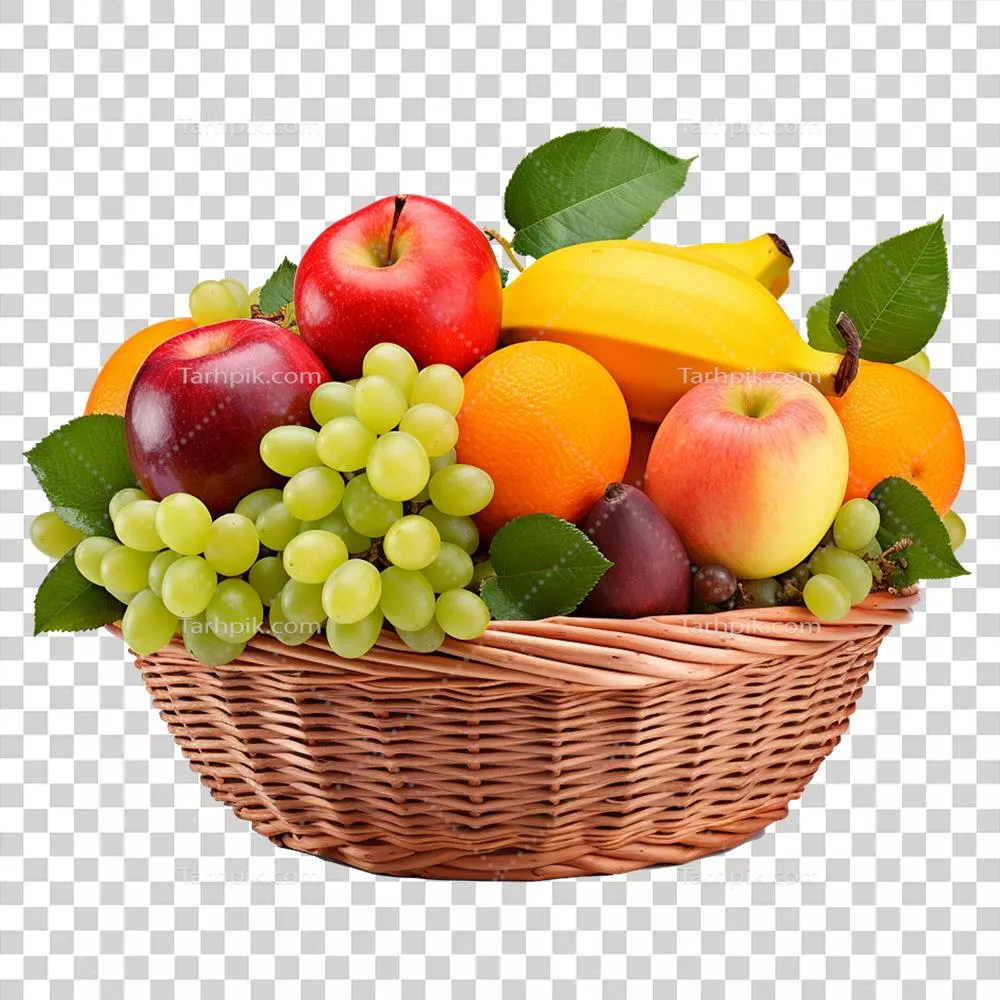 سبد بافته شده پر از میوه های مخلوط و تازه برای دکوراسیون و سلامتی