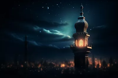 کارت تبریک رمضان کریم با طراحی سه بعدی مسجد و فانوس - هنر تولیدی با هوش مصنوعی