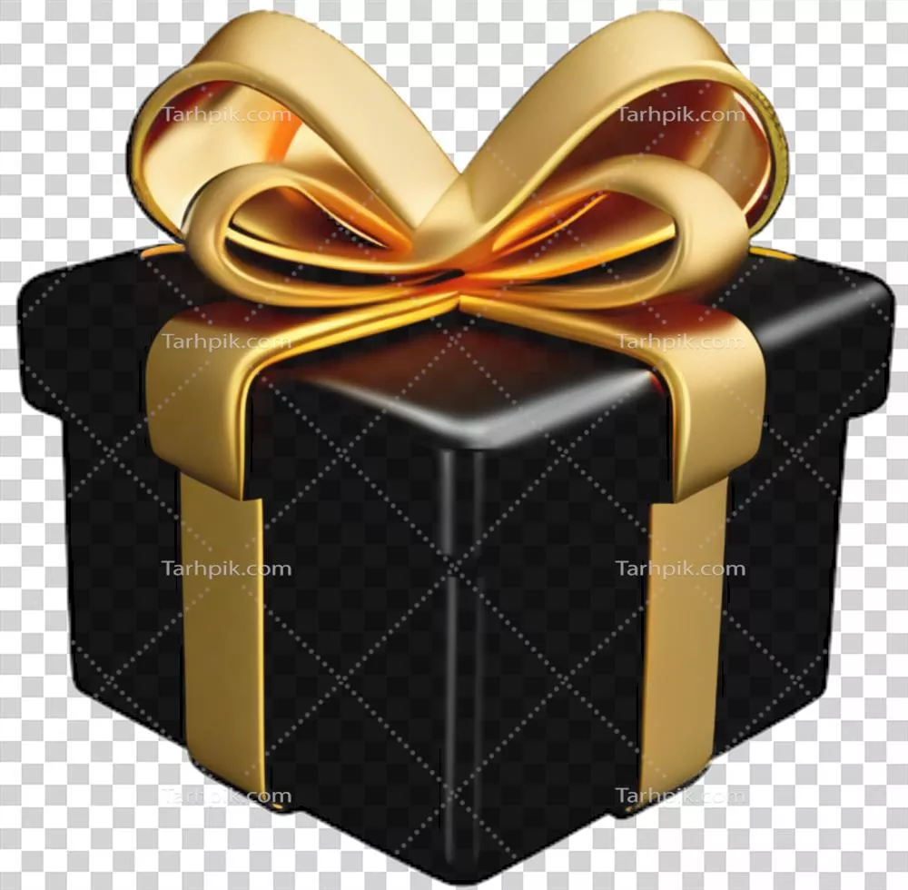 جعبه هدیه سه بعدی سیاه با روبان طلایی - طراحی مدرن و واقعگرایانه برای تولد و عروسی