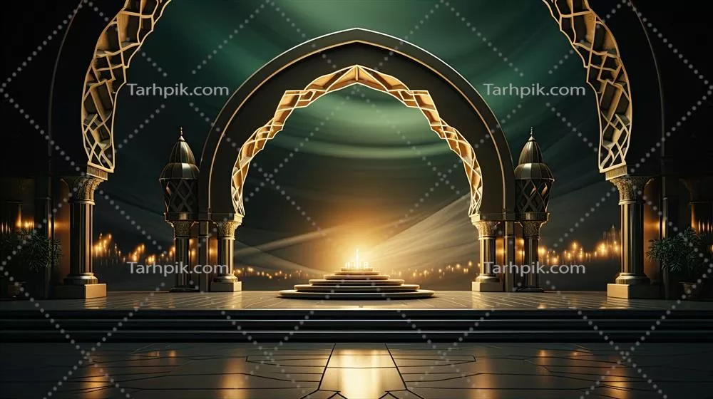پایه سبز با عناصر بژ در سبک مینیمالیستی عربی برای جشن رمضان - عید مبارک