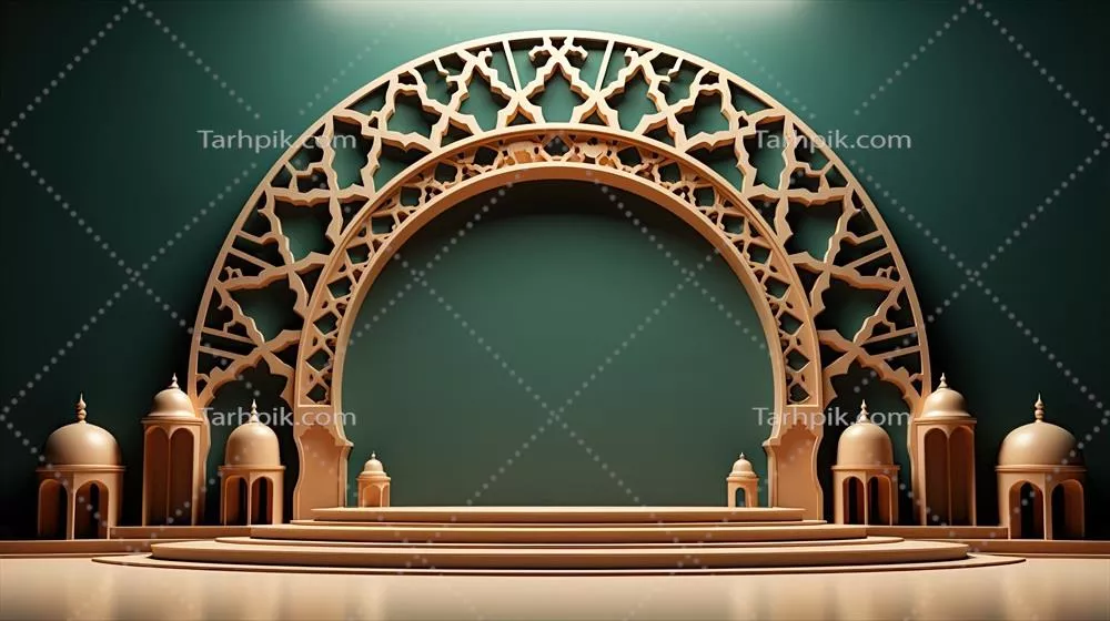 پودیم سبز با عناصر کرم رنگ در سبک مینیمالیست عربی برای عید مبارک رمضان