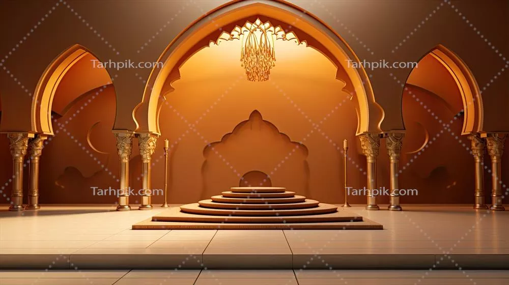 پسزمینهی پودیوم برای تعطیلات رمضان به سبک مینیمالیستی با طراحی عربی و رنگهای بژ و طلایی