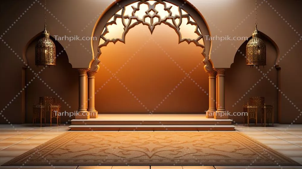 طرح زمینه مینیمالیستی برای رمضان با رنگهای بژ و طلایی در طراحی عربی