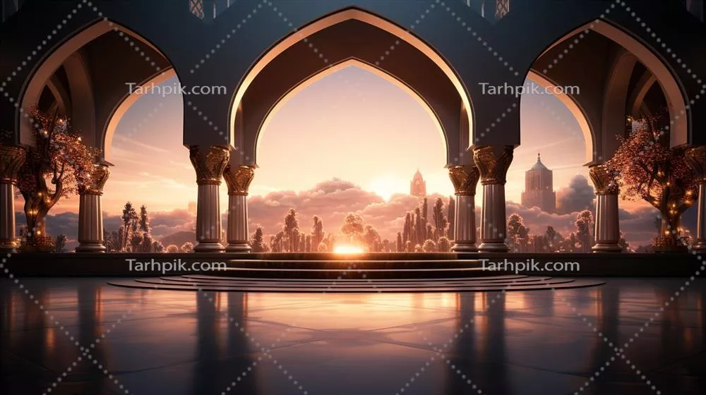 پودیوم با پسزمینه در سبک مینیمالیستی رمضان با طراحی شرقی و رنگهای بژ