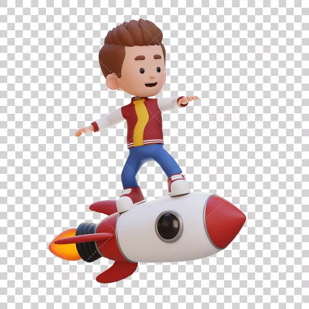 شخصیت کودک سه بعدی ایستاده بر روی موشک به صورت خلاقانه و جذاب