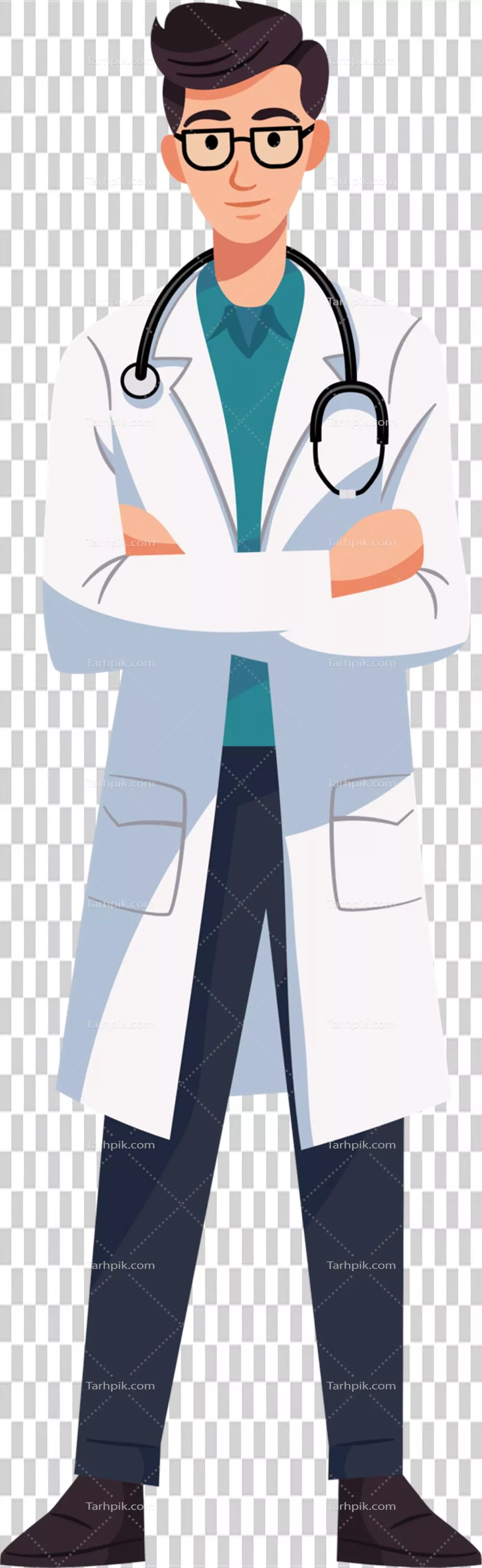 تصویر کارتونی از پزشک با آرم‌های عبور کرده و اعتماد به نفس بالا