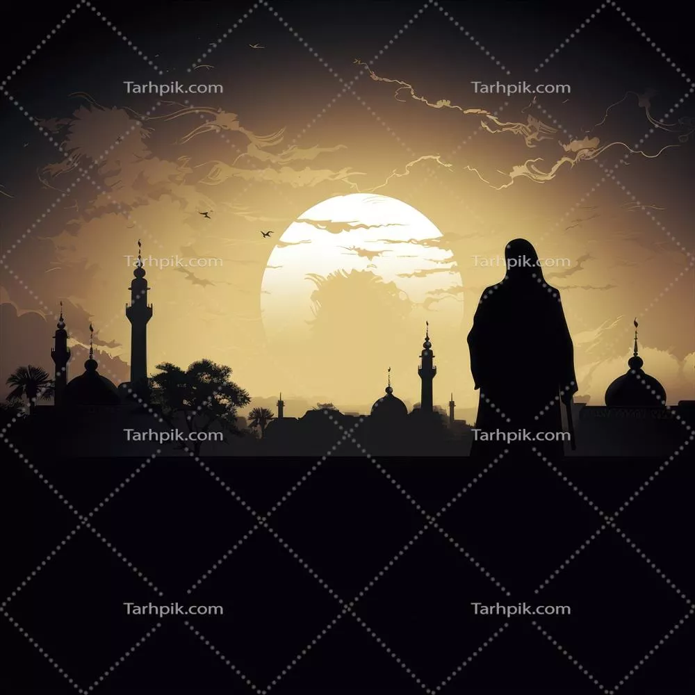 زنی عربی در حالتی سنتی با حجاب در غروب صحرا و سایه شهر در پسزمینه