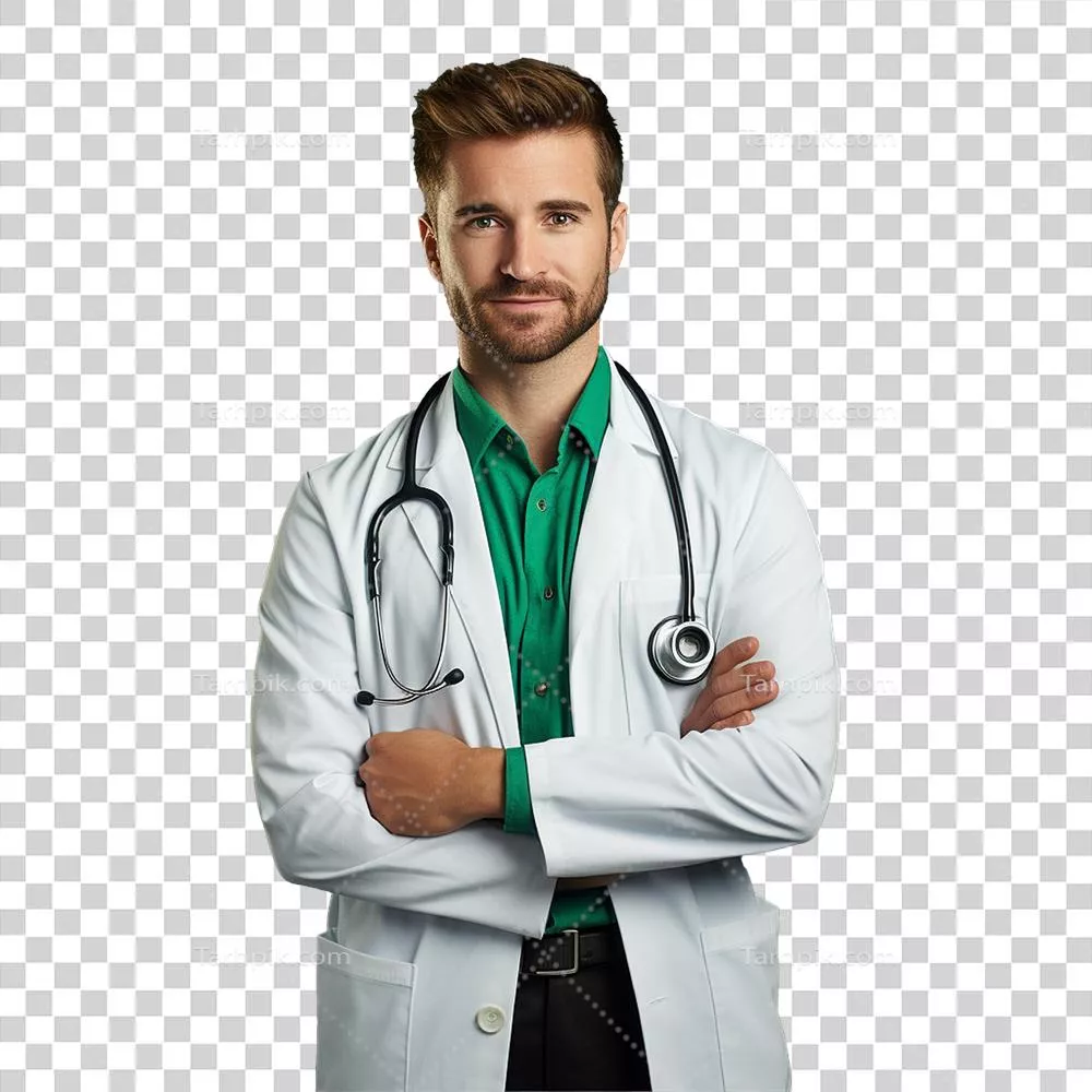 دکتر مرد با دستهای متقاطع، تولید شده با هوش مصنوعی بر روی پسزمینه شفاف