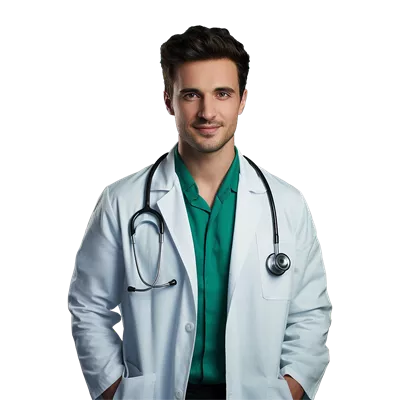 تصویر پزشک مرد با دستهای متقاطع در پسزمینه شفاف به صورت هوش مصنوعی تولید شده