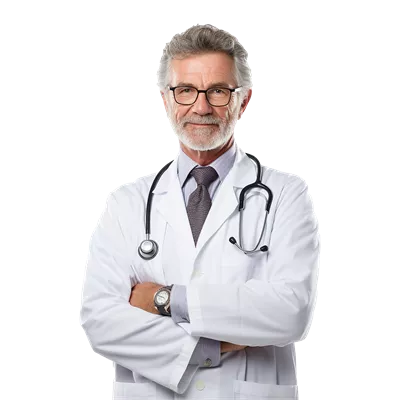 دکتر مرد تولید شده توسط هوش مصنوعی با دستان از هم جدا بر روی پسزمینه شفاف