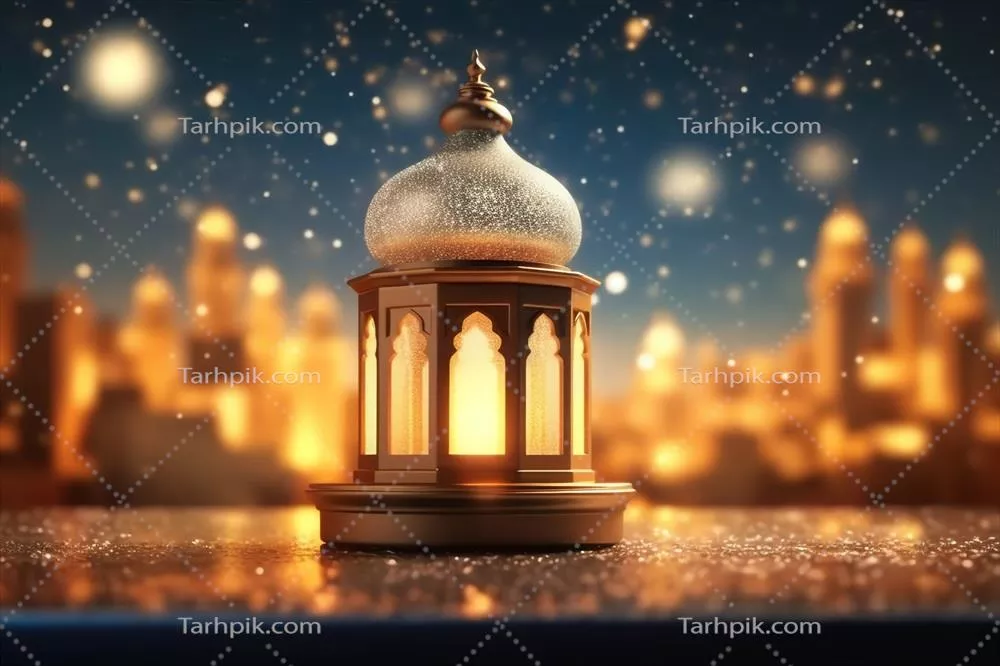 تبریک عید فطر و ماه رمضان با چراغ اسلامی و پس زمینه مسجد