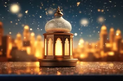 تبریک عید فطر و ماه رمضان با چراغ اسلامی و پس زمینه مسجد