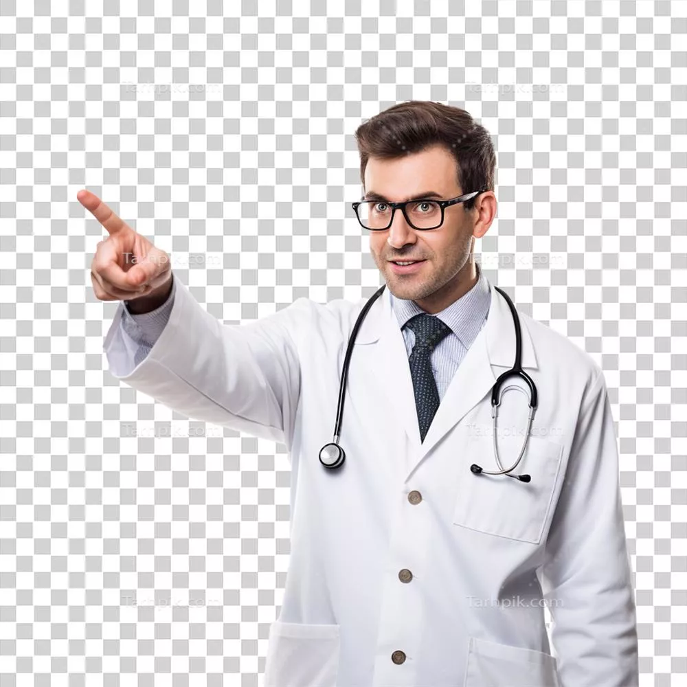 دکتر جوان و شیک در عینک آفتابی، سرشار از شور و هیجان، در حال اشاره به سمت راست