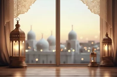 عارضه تبریک عید فطر و رمضان با فانوس اسلامی و پسزمینه مسجدی
