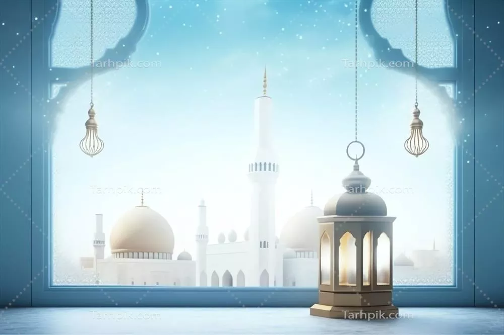تبریک عید فطر و رمضان کریم با فانوس اسلامی و تصویر مسجد