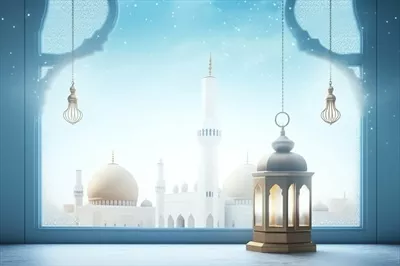 تبریک عید فطر و رمضان کریم با فانوس اسلامی و تصویر مسجد