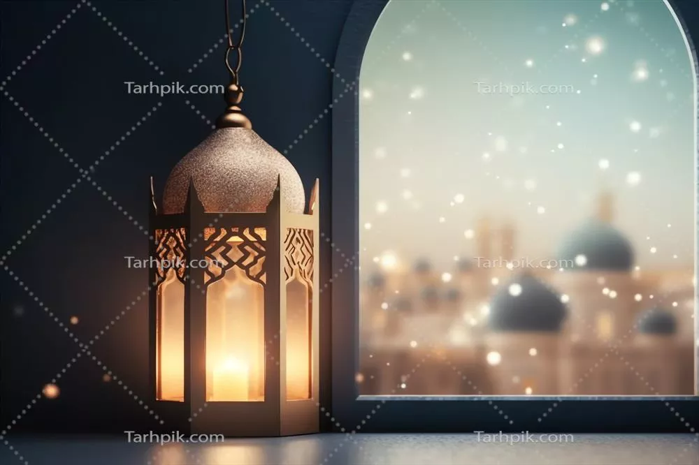 تبریک عید فطر و رمضان با فانوس اسلامی و زمینه مسجد