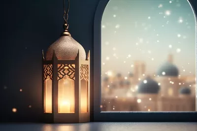 تبریک عید فطر و رمضان با فانوس اسلامی و زمینه مسجد