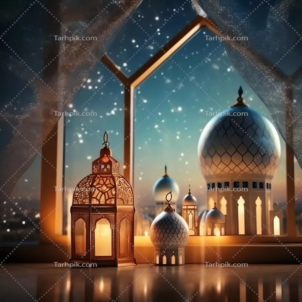 تبریکات عید مبارک و رمضان کریم با طراحی فانوس اسلامی و مسجد برای عید الفطر