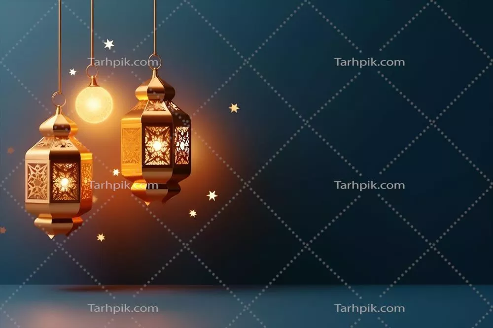 عید مبارک و رمضان کریم با تصویر فانوس اسلامی و背景 مسجد در عید فطر