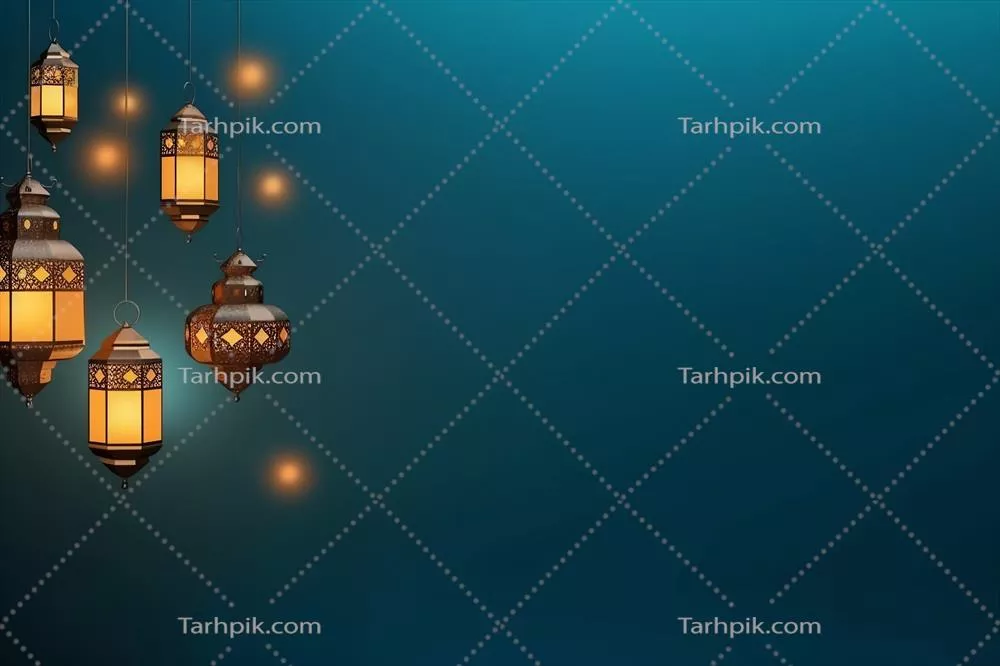 تبریک عید فطر و رمضان با چراغ اسلامی و پس‌زمینه مسجد و پنجره