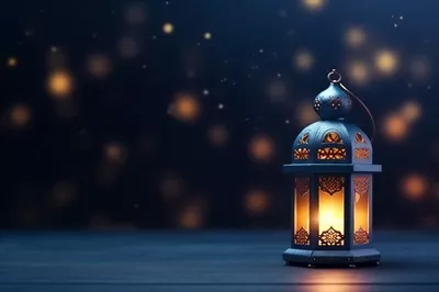 تبریک عید فطر و رمضان مبارک با طراحی فانوس اسلامی و مسجد