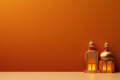 تبریک عید فطر و رمضان کریم با فانوس اسلامی و پسزمینه مسجد