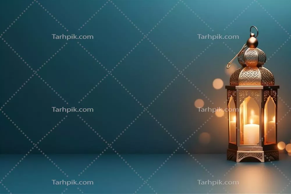 پیام های عید مبارک و رمضان کریم با چراغ اسلامی و背景 مسجد در روز عید فطر