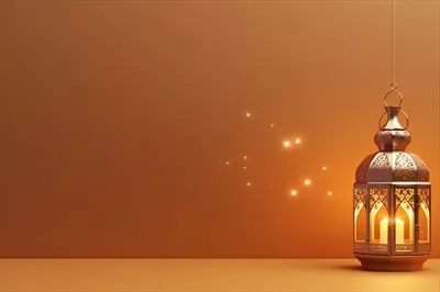با تبریک عید سعید فطر و رمضان کریم با چراغ های اسلامی و پس زمینه مسجد
