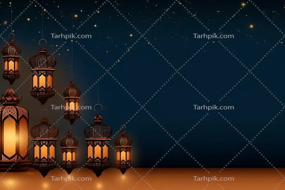تبریک عید فطر و رمضان با چراغ های اسلامی و پس زمینه مسجد