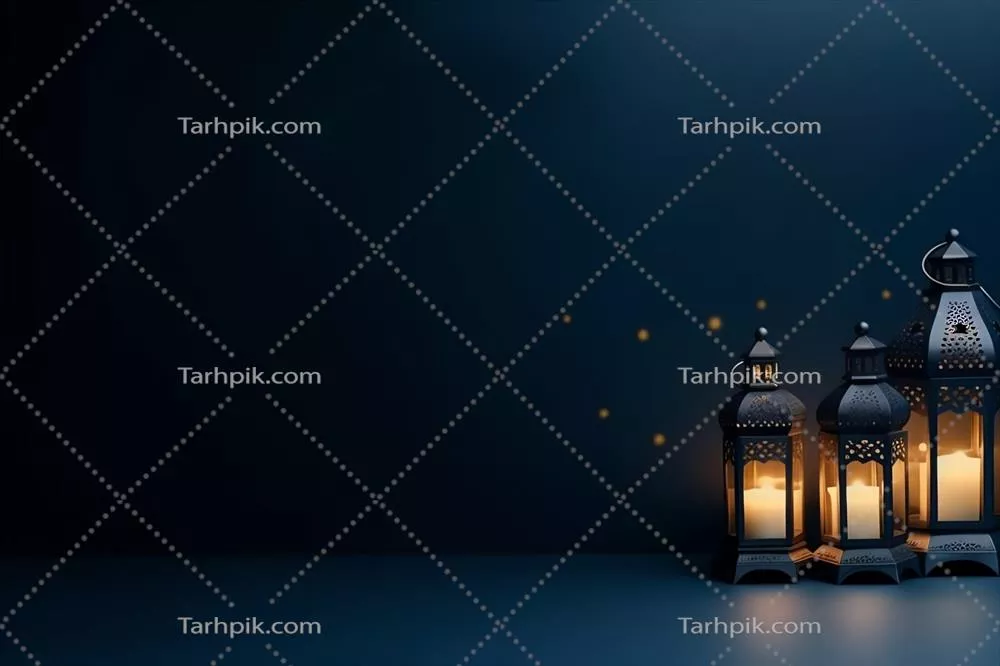 تبریک عید مبارک و روزه ماه رمضان با چراغ اسلامی و پس‌زمینه مسجد