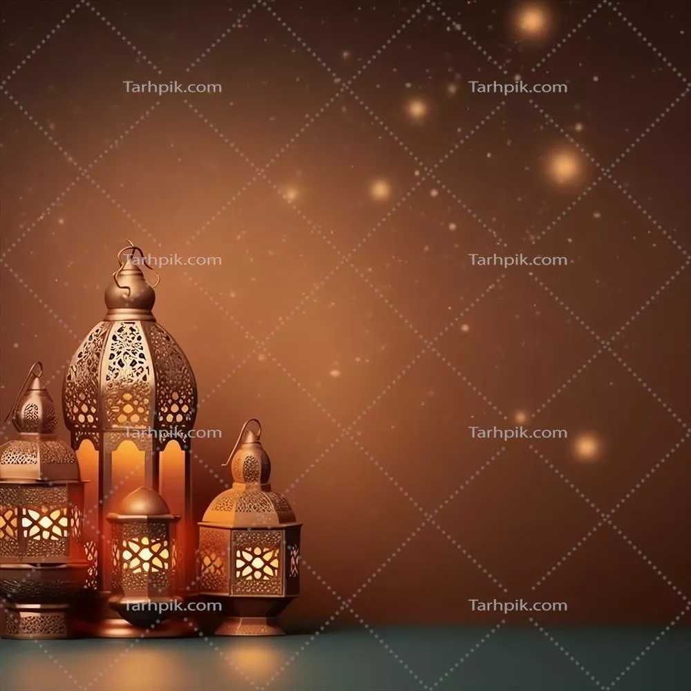 تبریکت عید فطر و رمضان با طراحی اسلامی شامل فانوس و مسجد