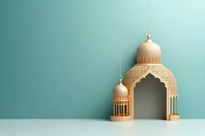 تبریک عید فطر و رمضان کریم با تصویر فانوس اسلامی و مسجد