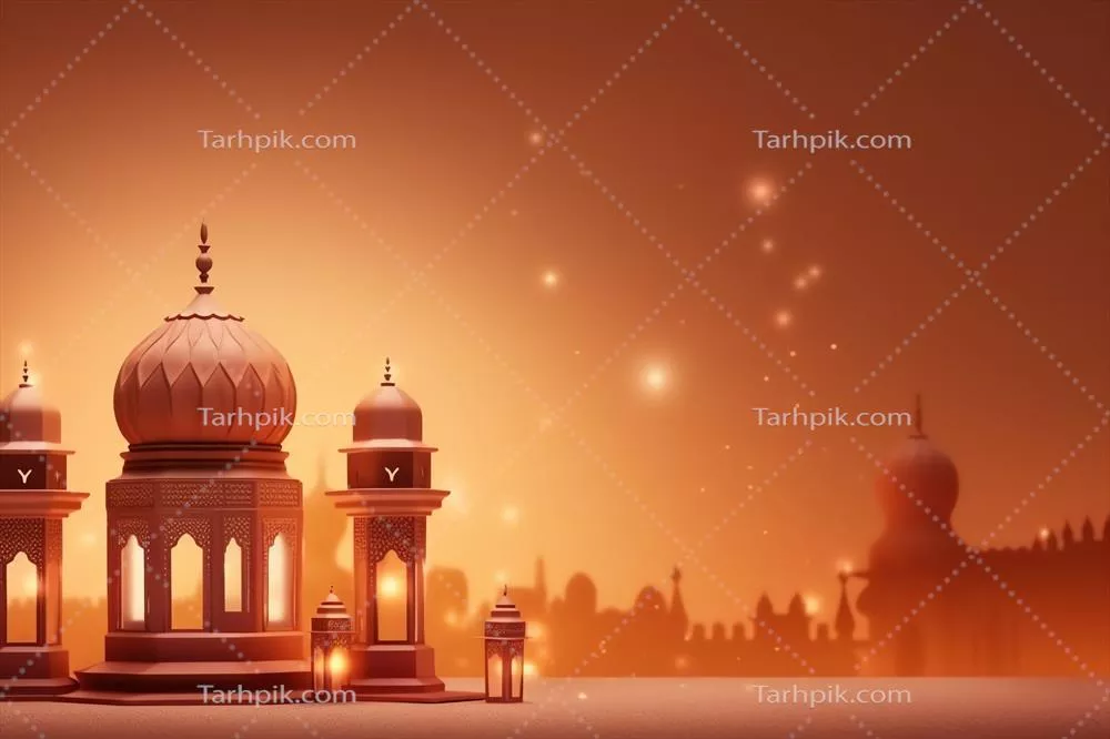 تبریک عید مبارک و رمضان کریم با چراغ‌های اسلامی و پس‌زمینه مسجد عید الفطر