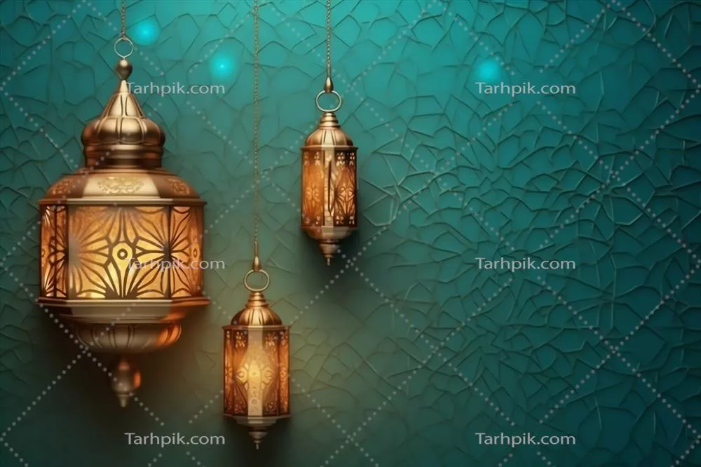 تبریکات عید مبارک و رمضان کریم با طراحی فانوس اسلامی و مسجد در پس‌زمینه عید سعید فطر