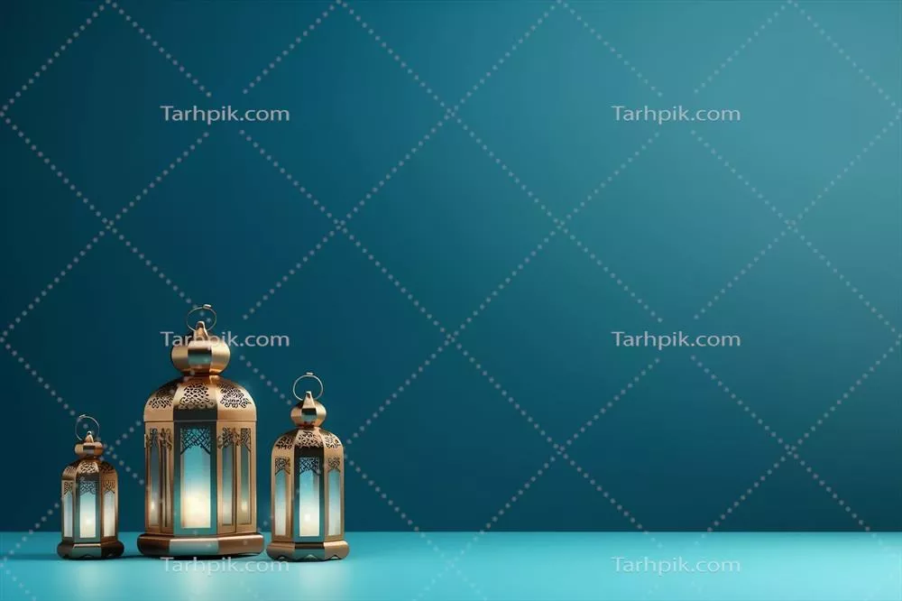 تبریک عید فطر با چراغ‌های اسلامی و پس‌زمینه مسجد و ماه رمضان