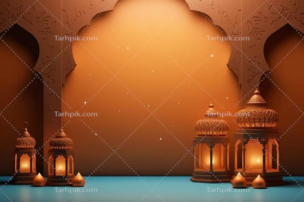 تبریک عید فطر و رمضان کریم با چراغ اسلامی و پس‌زمینه مسجد